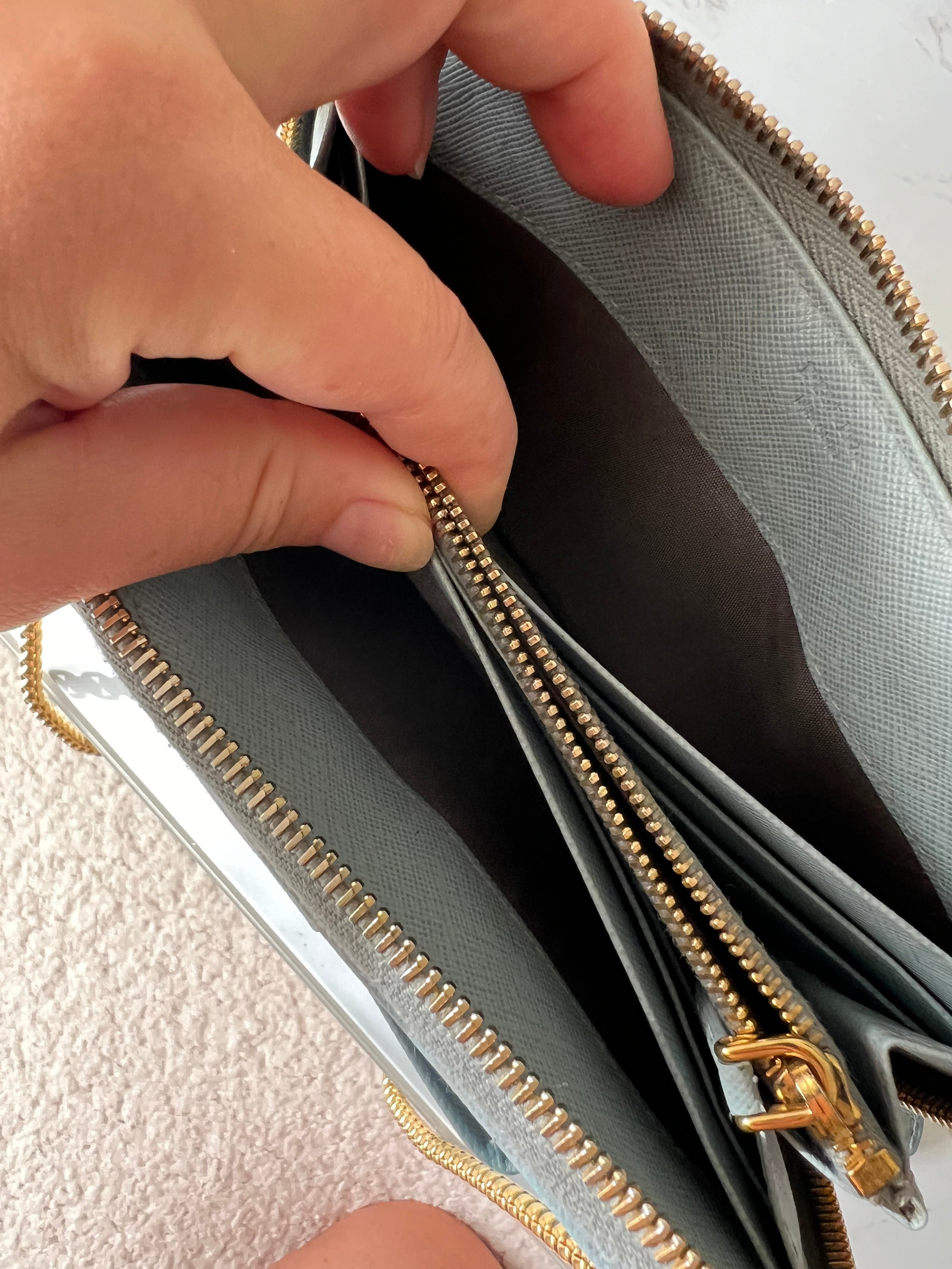 Prada saffiano blue ribbon