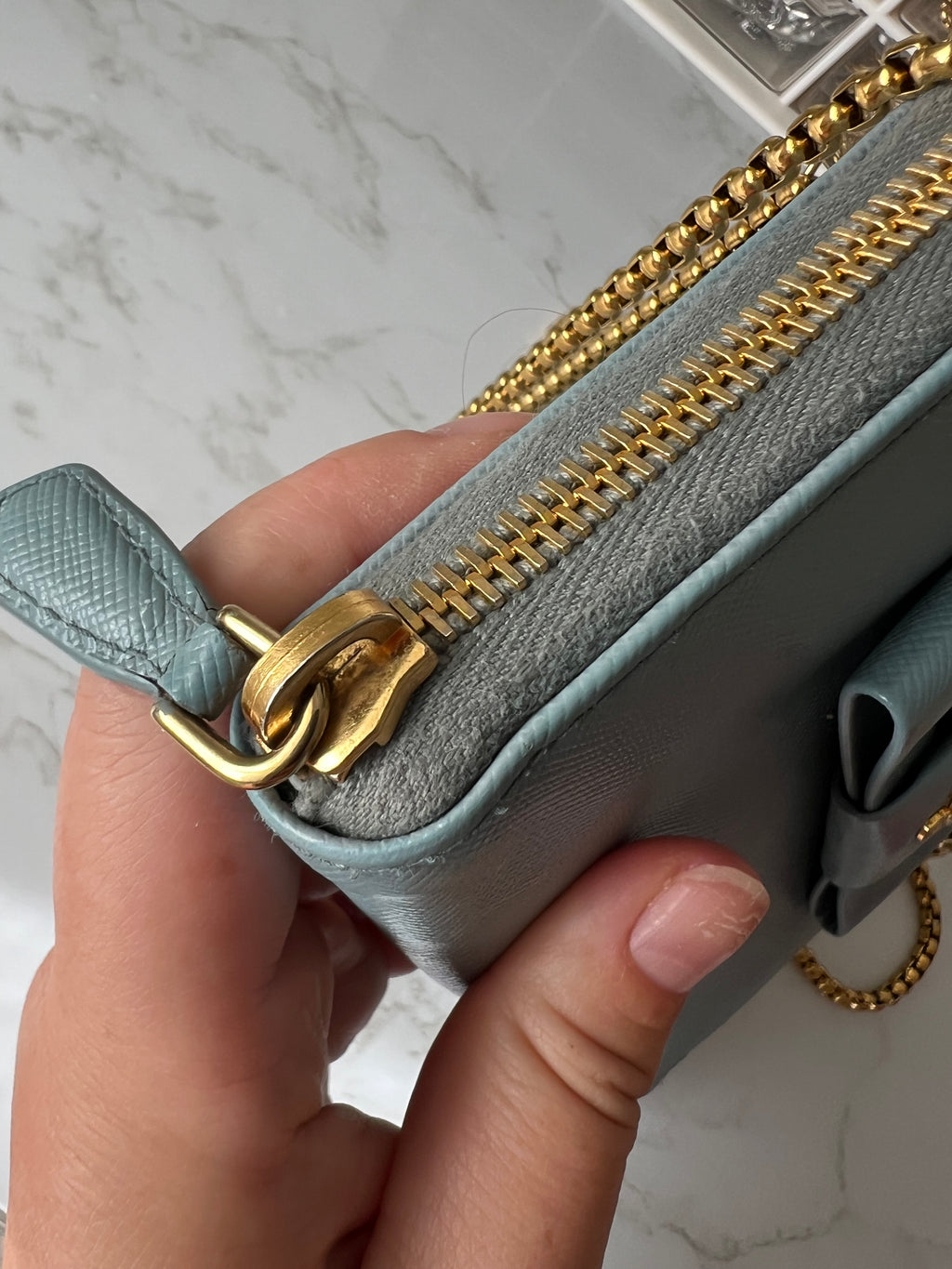 Prada saffiano blue ribbon