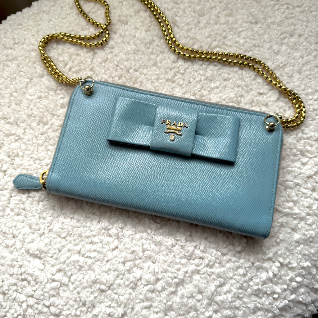 Prada saffiano blue ribbon