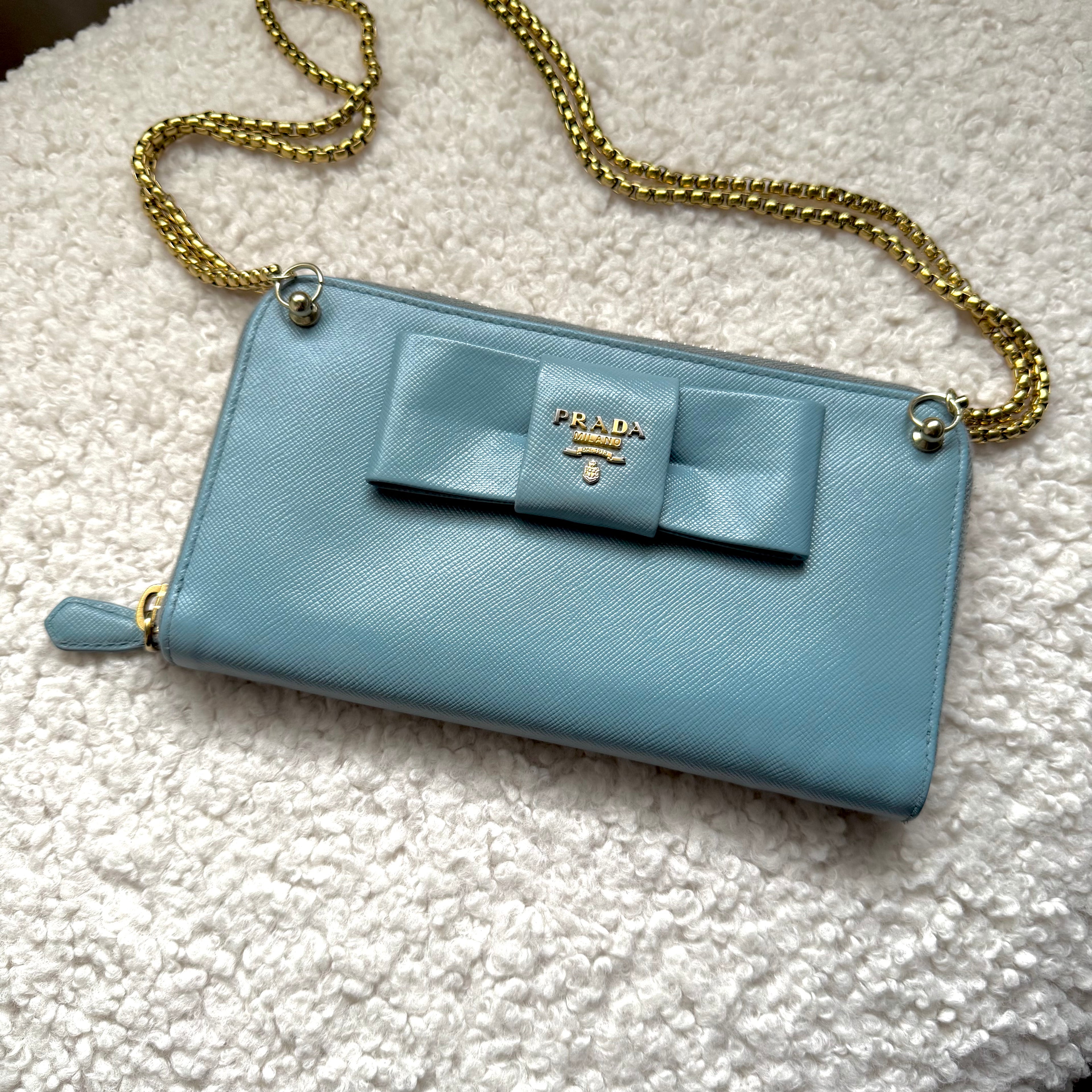 Prada saffiano blue ribbon