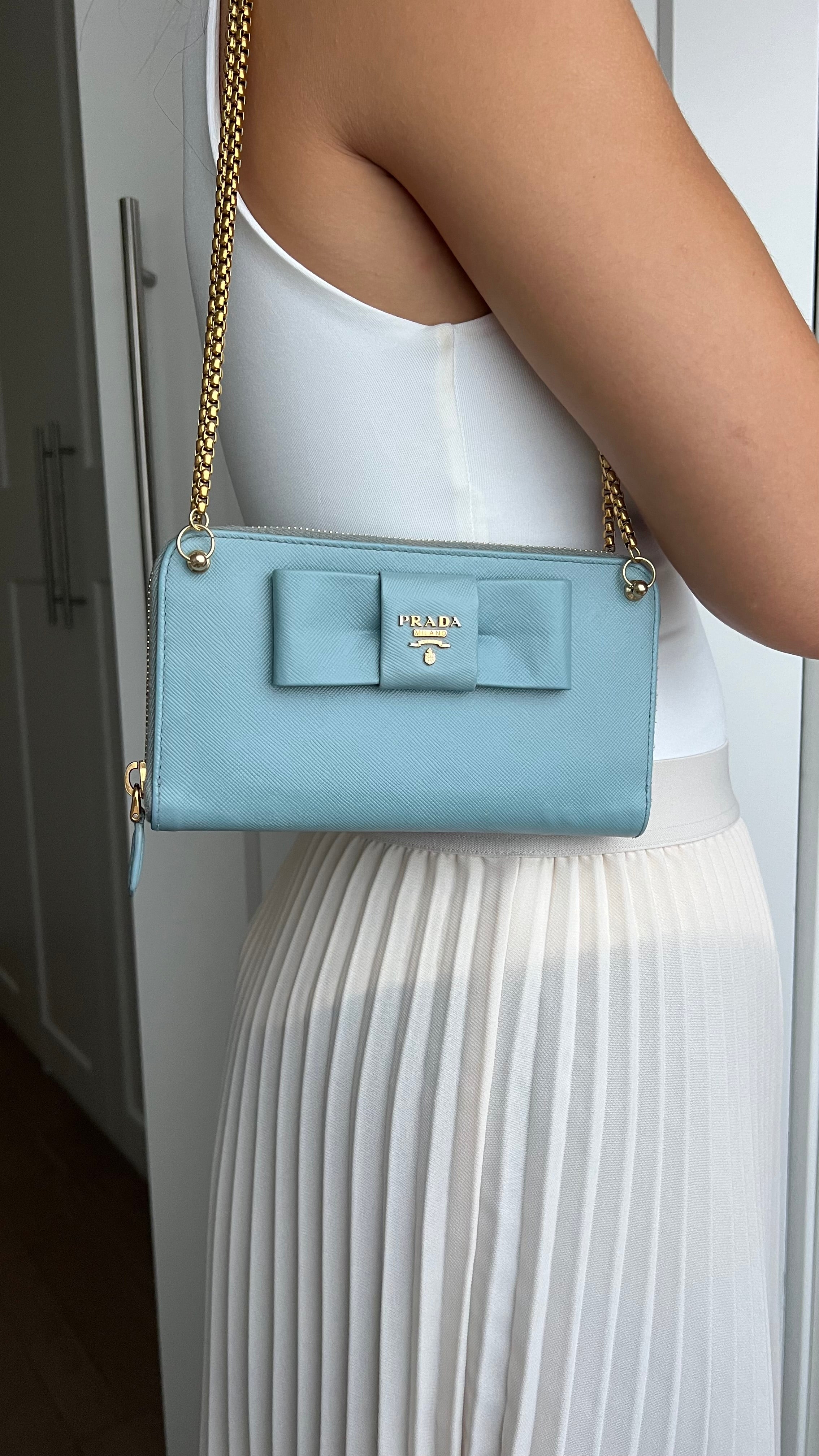 Prada saffiano blue ribbon