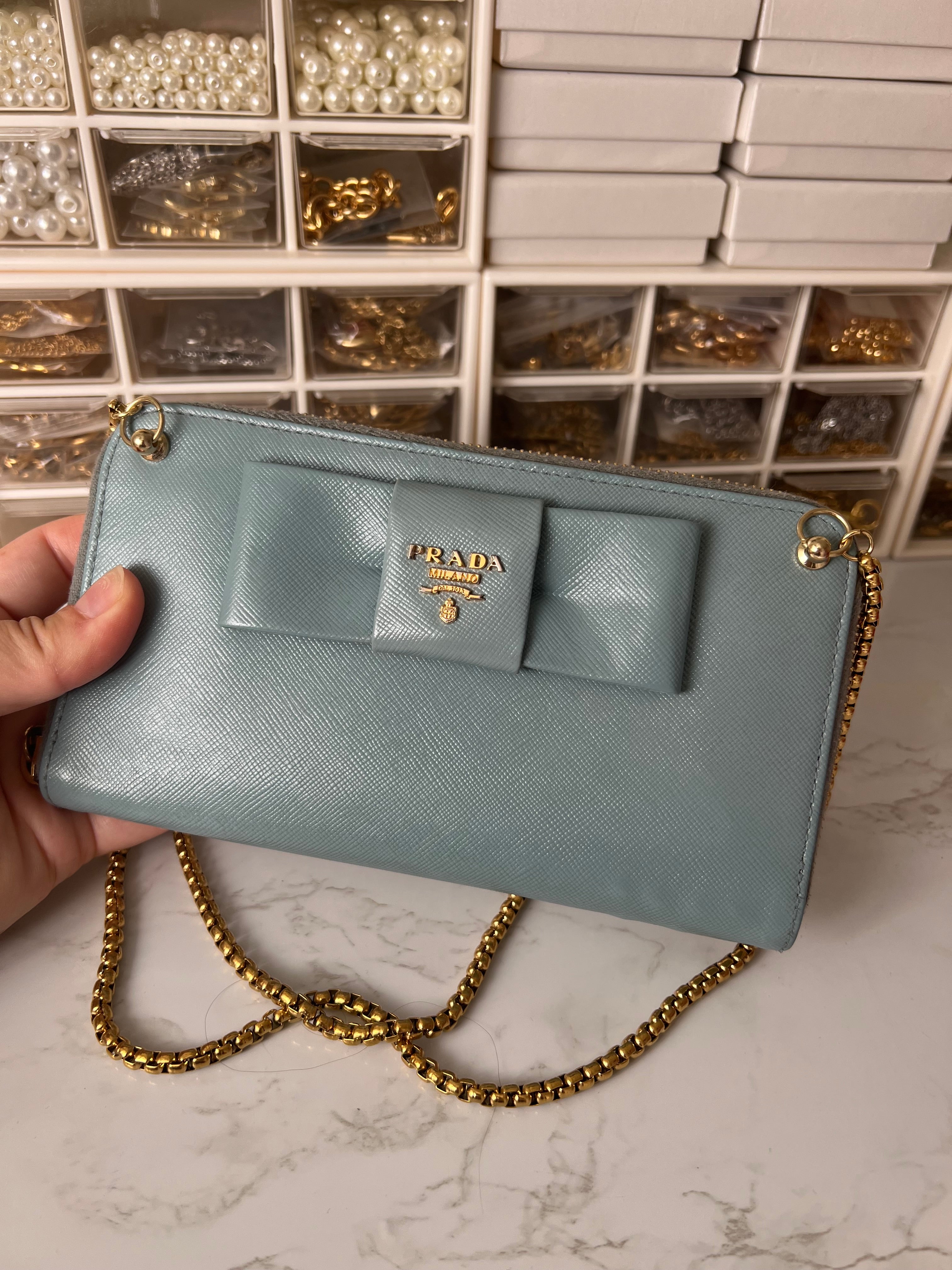 Prada saffiano blue ribbon