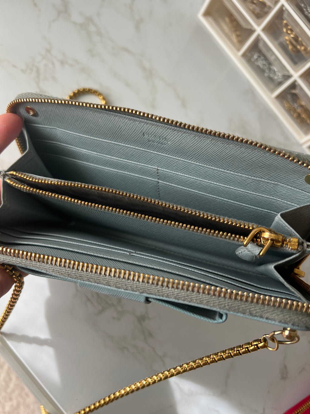 Prada saffiano blue ribbon