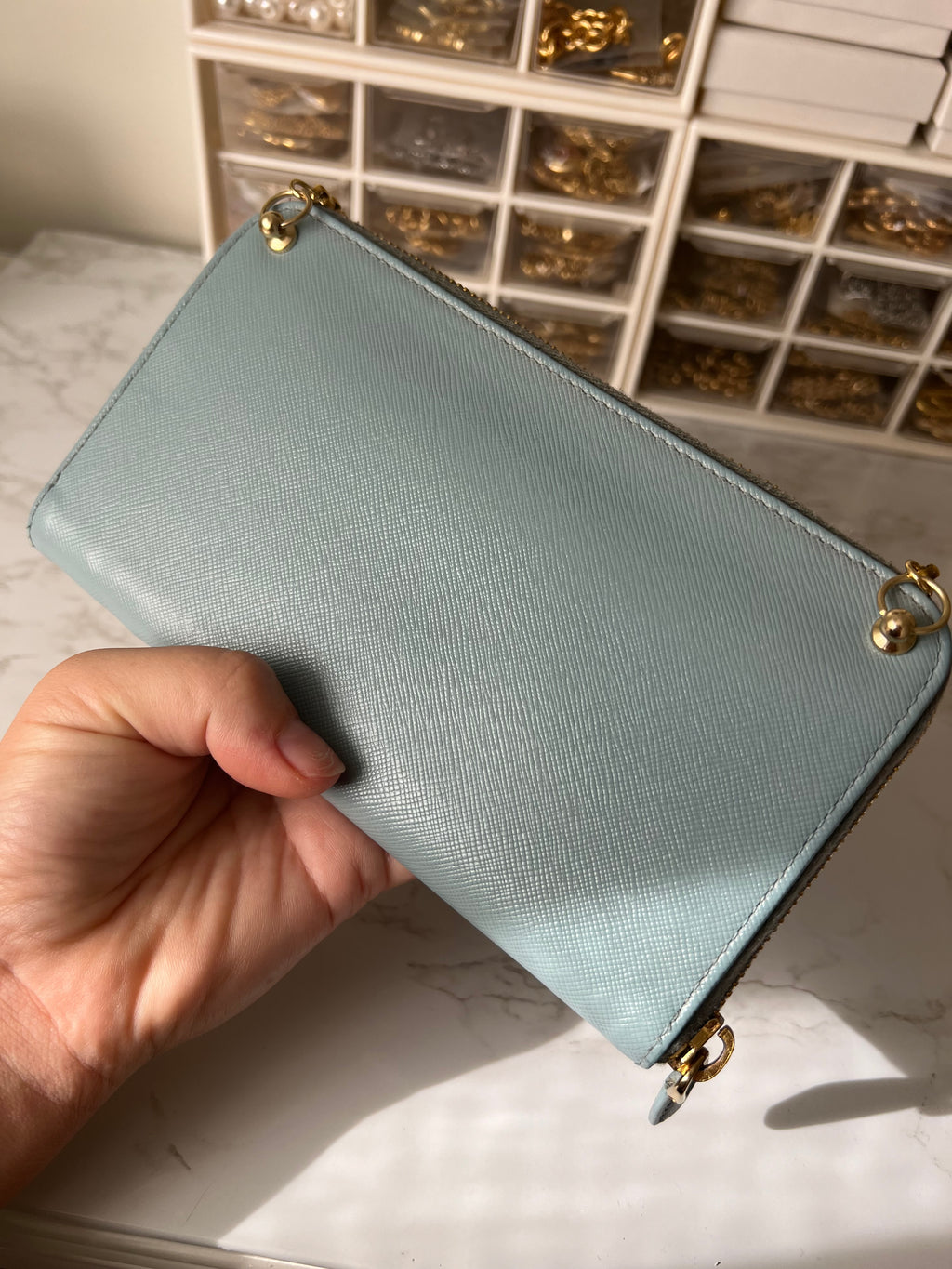 Prada saffiano blue ribbon