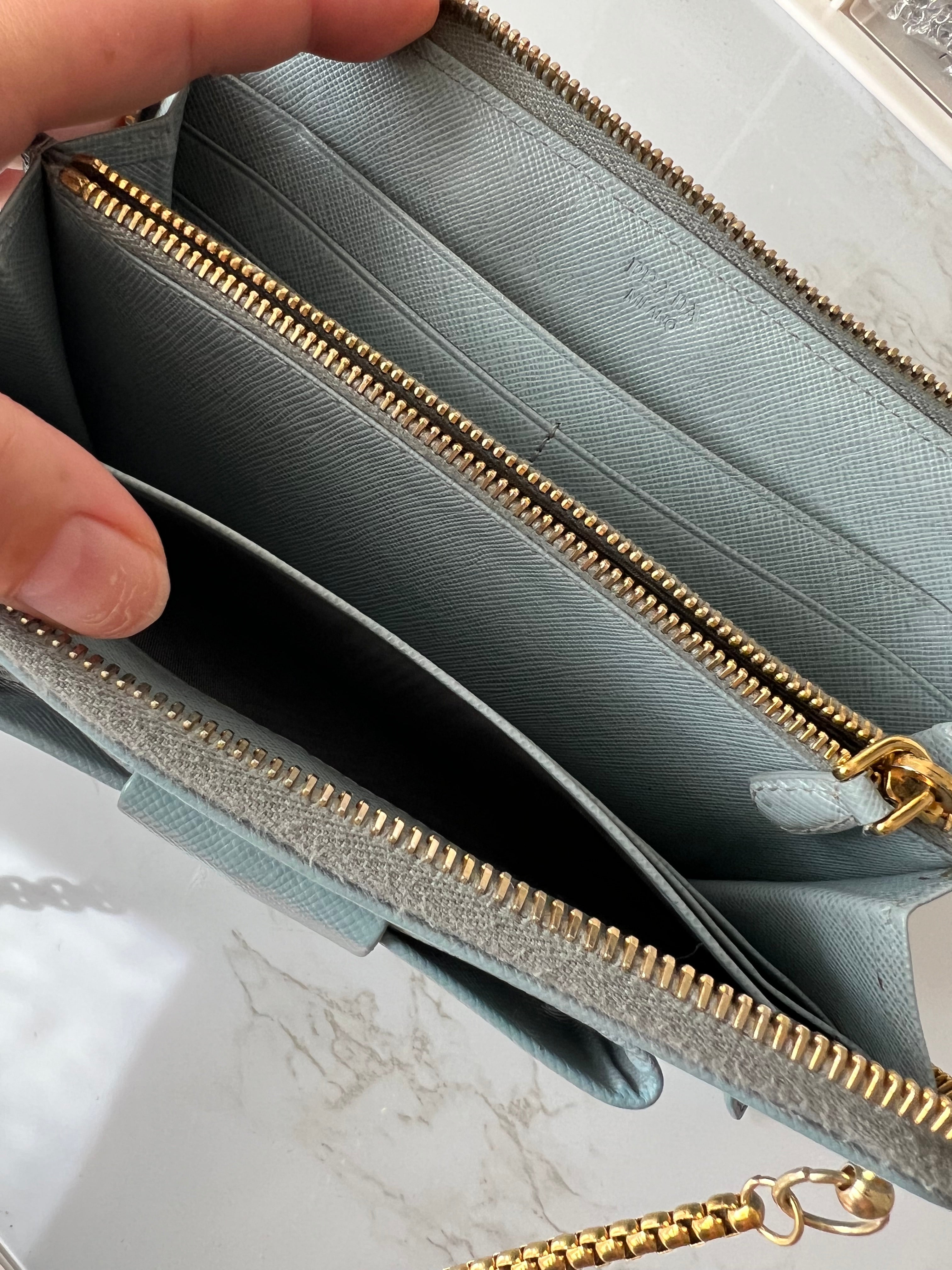 Prada saffiano blue ribbon
